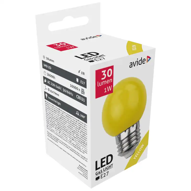 Avide Dekor LED fényforrás G45 1W E27 SÁRGA Népszerű