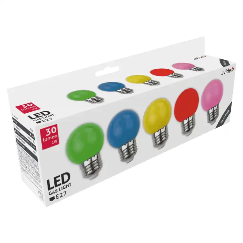 Prémium Avide Dekor LED fényforrás 1W E27 G45 (Zöld/Kék/Sárga/Piros/Rózsaszín)