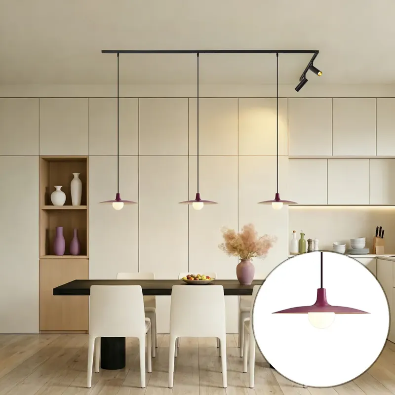 Akciós ár Modern fekete sínrendszer 2 spotlámpával és 3 lila függőlámpával, 1 fázisú - Slimline Uzzy Panzi