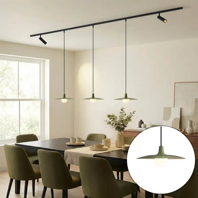 Különleges ajánlat Modern fekete sínrendszer 2 spotlámpával és 3 zöld függőlámpával, 1 fázisú - Slimline Uzzy Panzi