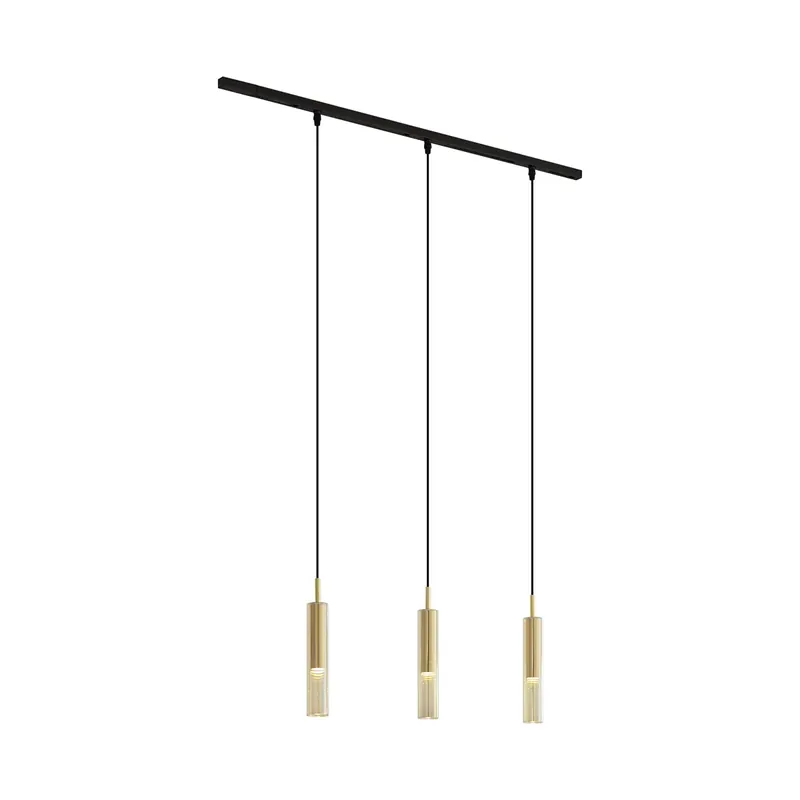 Modern fekete sínrendszer 3 függőlámpával, arany színű borostyán üveggel, 1 fázisú - Slimline Loyce Kiárusítás