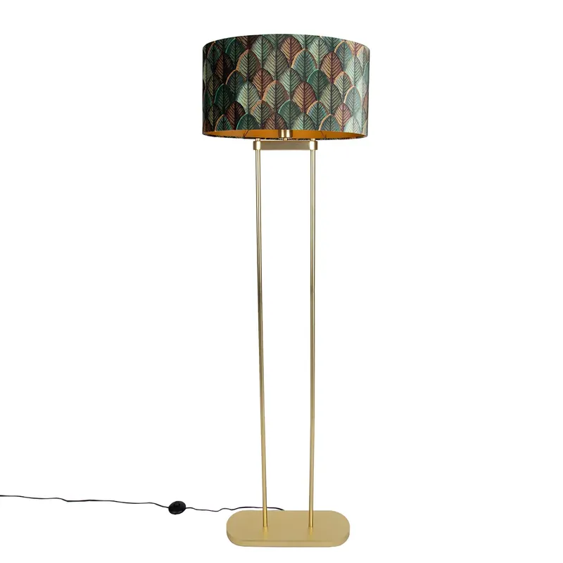 Sárgaréz állólámpa ovális, levélmintás búrával és arany belsővel 50cm - Thijmen Bestseller