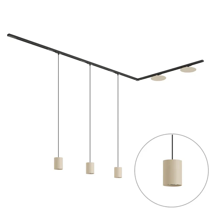 Modern fekete sínrendszer 3 függőlámpával és 2 bézs mennyezeti lámpával, 1 fázisú - Iconic Holt Pulley Alacsony ár