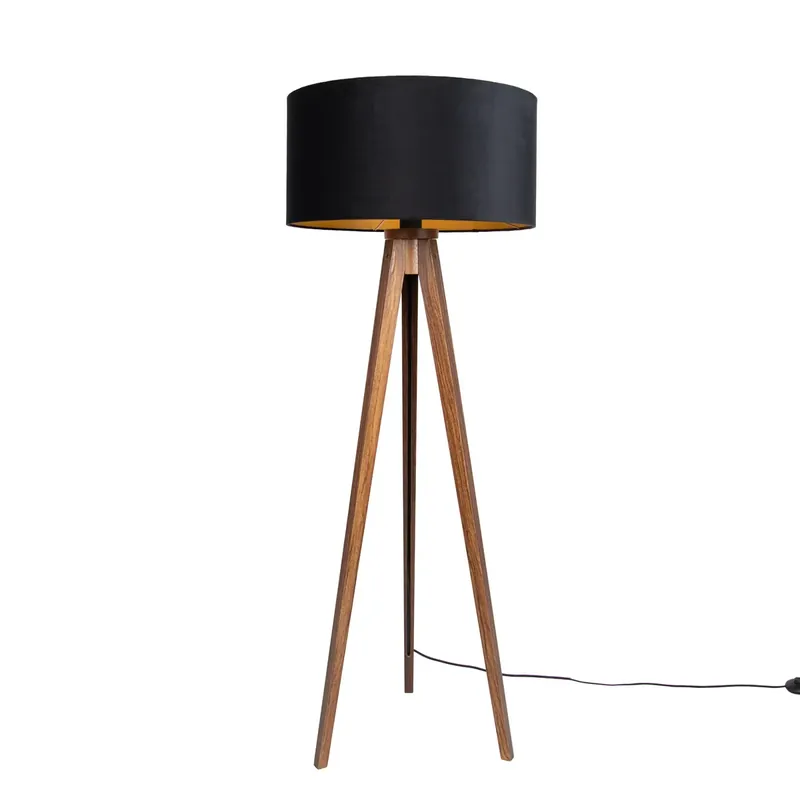 Állólámpa diófa fekete búrával és arany belsővel 50cm - Tripod Classic Újdonság