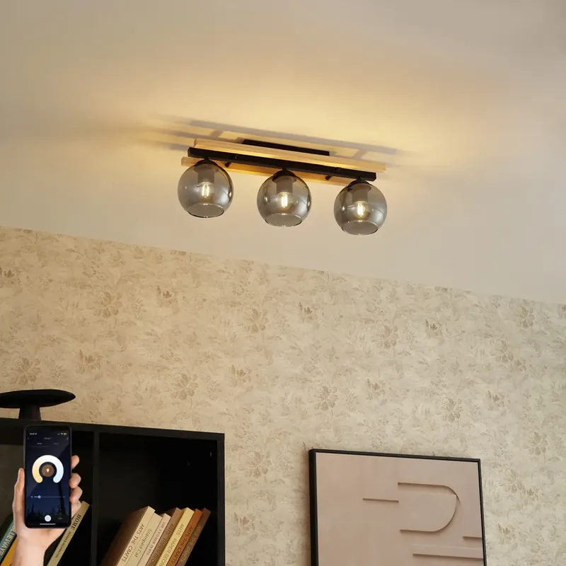 Legkelendőbb Smart Ceiling Lamp Black with Wood and Smoke Glass 3-Lights incl. WiFi A60 - Aleks