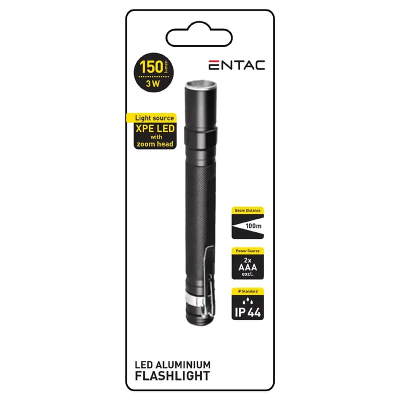 Biztonságos fizetés Entac elemlámpa Zoom ALU övklipsszel, 3W, 150 lm, 2xAAA, IP44