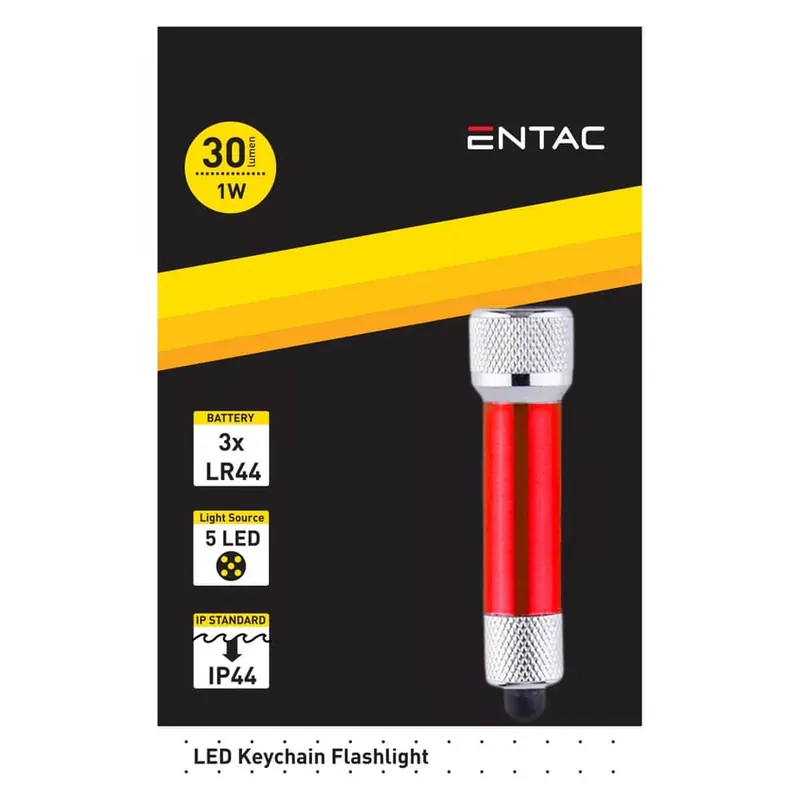 Azonnali szállítás Entac kulcstartós elemlámpa 5LED, 1W, 30lm, 3xLR44, IP44, piros