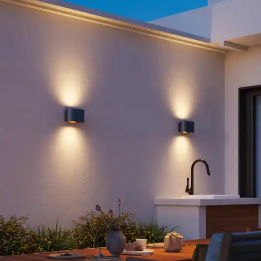Calex LED kültéri falilámpa Potenza fel/le, IP44, fekete/arany Különleges ajánlat