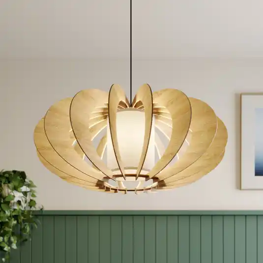 Modern A L lógó világítás fa lamellákkal, Ø 60 cm Kiárusítás