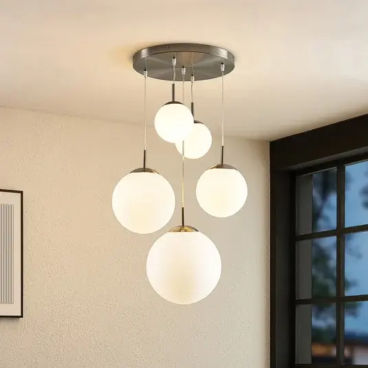 Lindby függőlámpa Heleska, fehér, üveg, 5 lámpás, Ø 50 cm Rendeld meg most