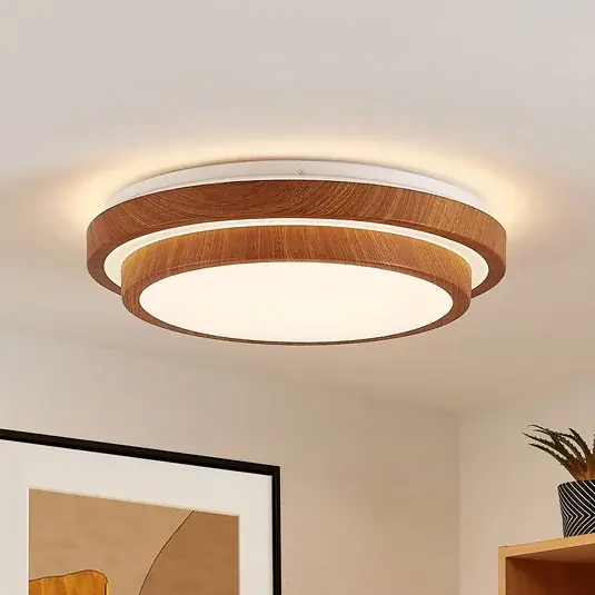 Lindby LED mennyezeti lámpa Vaako, Ø 41 cm, fém, fa megjelenés Végkiárusítás