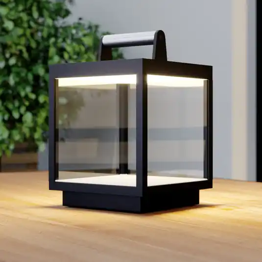 Alacsony ár Lucande LED-es újratölthető asztali lámpa Cube, alumínium, IP54,