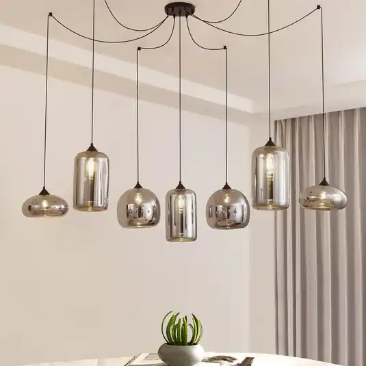 Lindby függőlámpa Marla, 7-light, üveg, füstös szürke, 128cm Kihagyhatatlan ajánlat