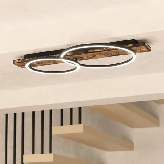 LED mennyezeti lámpa Boyal, barna, 78 cm hosszú, fa, 2-lámpás. Gyors kiszállítás