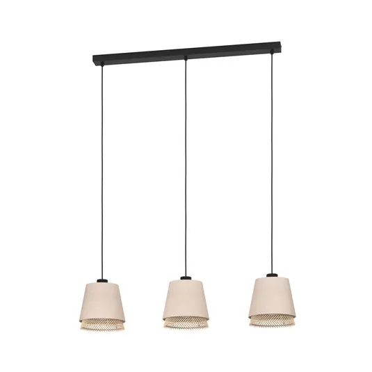Tabley függőlámpa, fekete/természetes színű, 89 cm, szövet, 3-lámpás. Kiárusítás