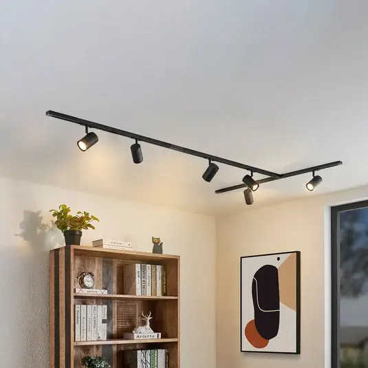 Lindby sínrendszer Linaro, GU10, 6 lámpás, fekete, T-alakú, T-alakú Outlet