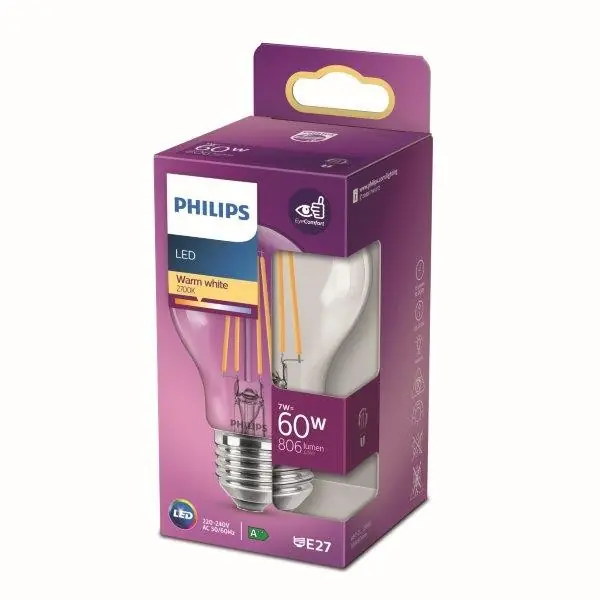 Végkiárusítás Philips 8718699777579 LED izzó 1x7W E27 806lm 2700K - melegfehér, átlátszó, Eyecomfort