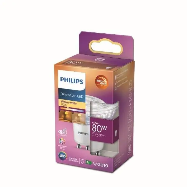 Olcsóbb Philips 8718699774097 LED izzó 1x6,2W GU10 575lm 2200-2700K - Warm Glow, spot, szabályozható, Eyecomfort