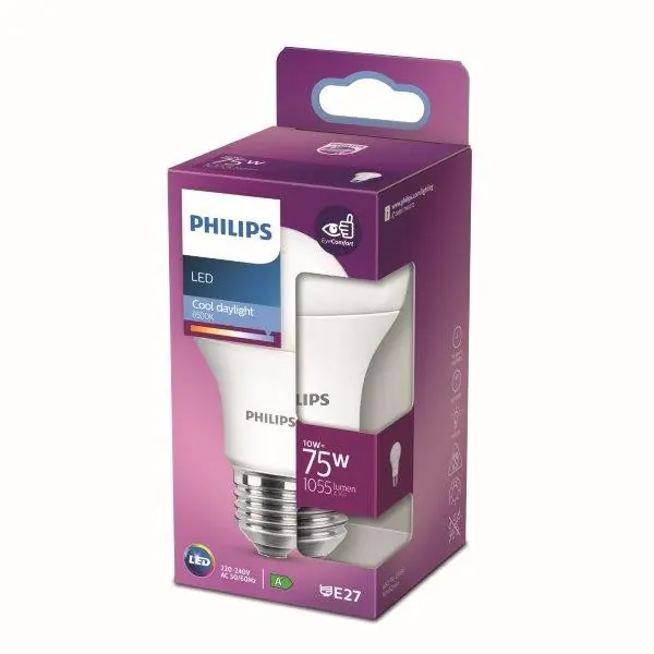Philips 8718699769369 LED izzó 1x10W E27 1055lm 6500K - hideg nappali fény, matt fehér, EyeComfort Expressz szállítás
