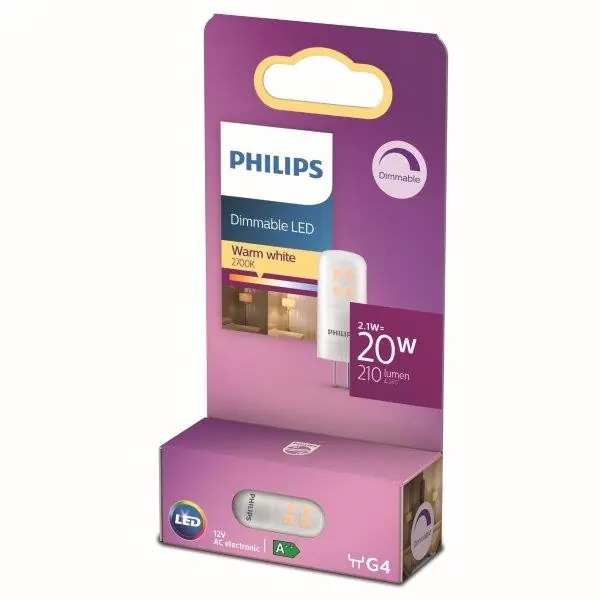 Akció Philips 8718699767518 LED izzó Kapsle 1x2,1W G4 210lm 2700K - melegfehér, szabályozható