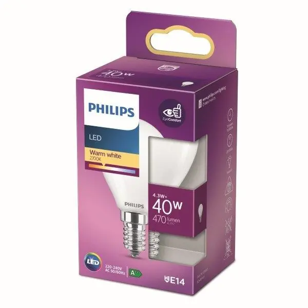 Alacsony ár Philips 8718699763435 LED izzó 1x4,3W E14 470lm 2700K - melegfehér, matt fehér, EyeComfort