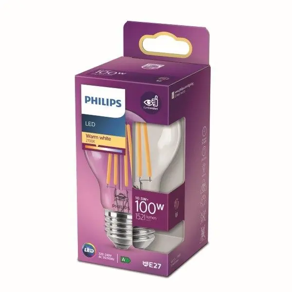 Philips 8718699763015 LED izzó 1x10,5W E27 1521lm 2700K - melegfehér, átlátszó, EyeComfort Árengedmény