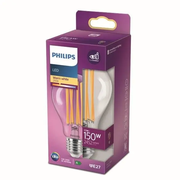 Ajánlat Philips 8718699762377 LED izzó 1x17W E27 2452lm 2700K - melegfehér, átlátszó, EyeComfort
