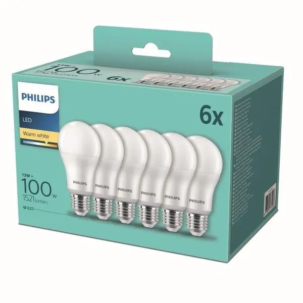Kihagyhatatlan ajánlat Philips 8718699775568 LED izzókészlet 6x13W-100W E27 1521lm 2700K - 6 db-os készlet, fehér