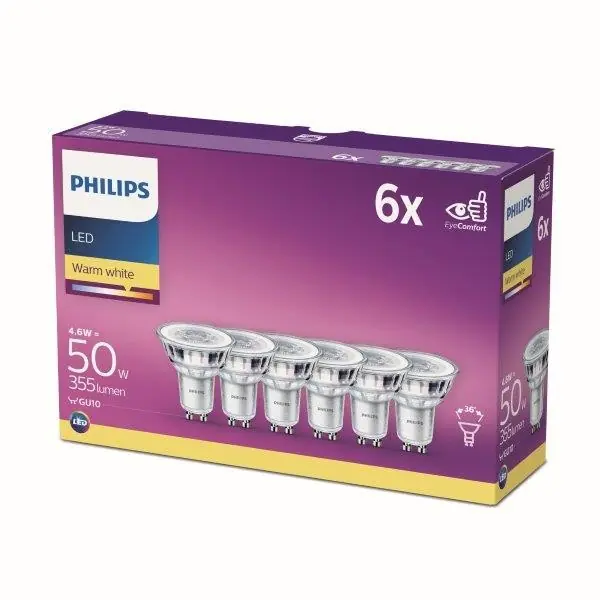Philips 8718696586013 LED izzókészlet 6x4,6W-50W GU10 355lm 2700K - 6db-os készlet Vásárlói kedvenc