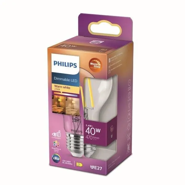 Philips 8719514323759 LED szénszálas izzó 3,4W/40W E27 470lm 2200-2700K A60 - szabályozható, WarmGlow Vedd meg online