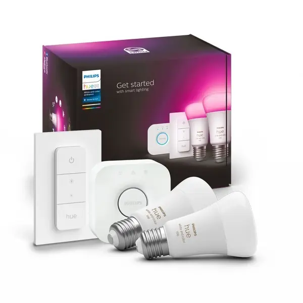 Végkiárusítás Philips Hue 8719514291379 izzók és Hue Bridge kezdőkészlet 2x11W E27 806-1100lm 2000-6500K RGB - White and Color Ambiance, Bluetooth, ZigBee, távirányító, fehér
